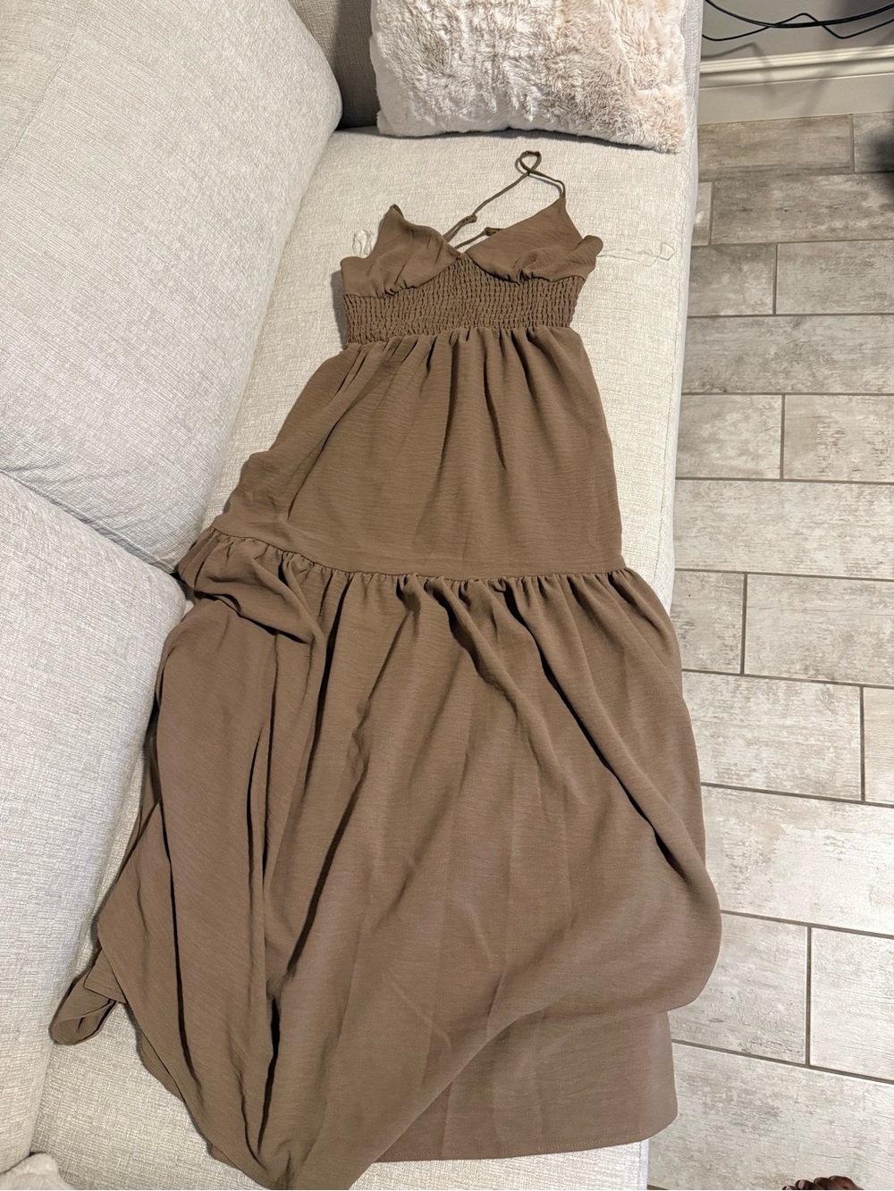 Ardene Brown Smocked Maxi Dress with Spaghetti Straps - Picture 2 of 5